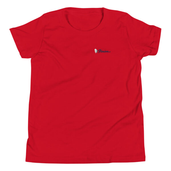 youth-staple-tee-red-front-69a6e70445839.jpg Red t-shirt with small logo on chest.