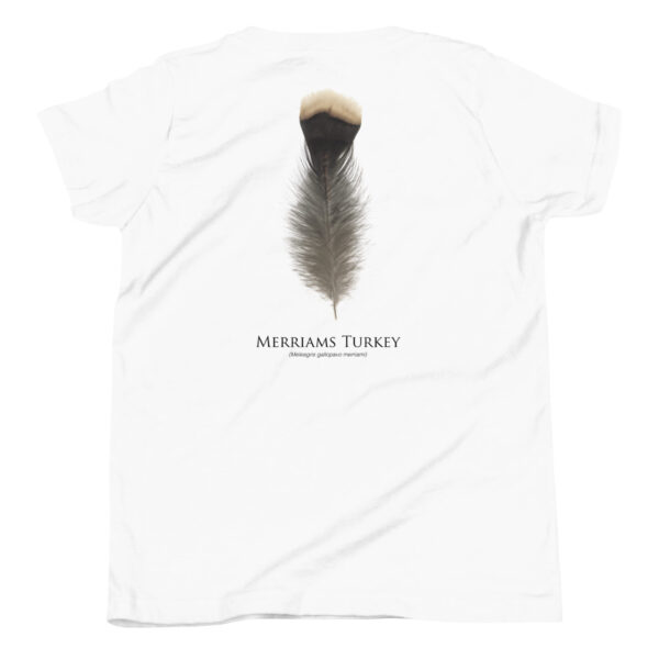 youth-staple-tee-white-back-69a6dc4b67264.jpg T-shirt with Merriam's Turkey feather design.