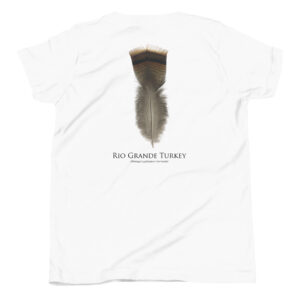 White T-shirt with Rio Grande Turkey feather design.