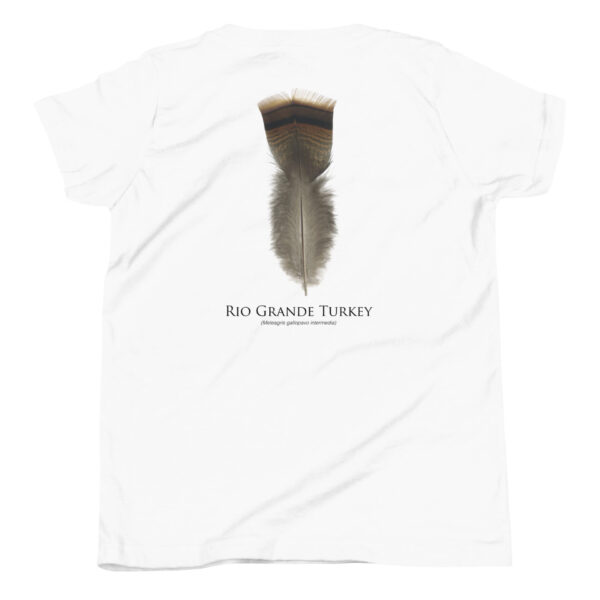 White T-shirt with Rio Grande Turkey feather design.
