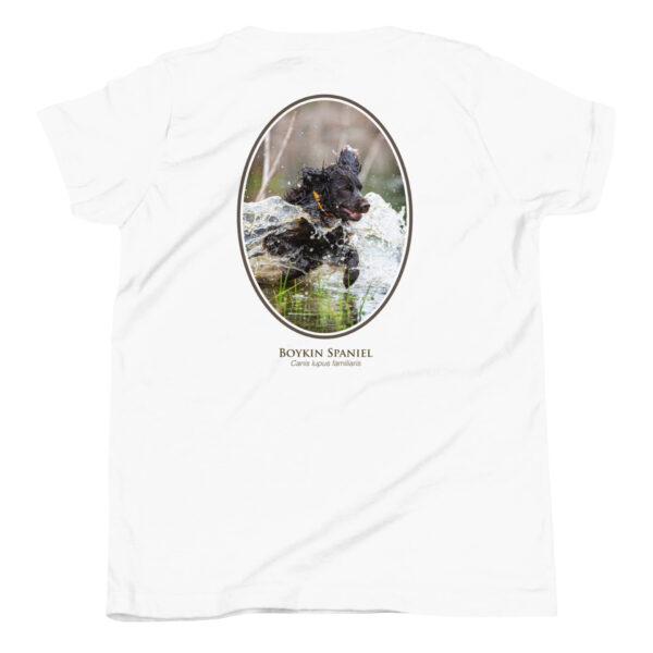 youth-staple-tee-white-back-69a6e26fa0b39.jpg Boykin Spaniel running through water on t-shirt