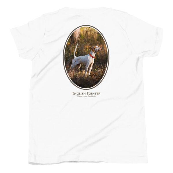youth-staple-tee-white-back-69a6e47f19c1a.jpg T-shirt with English Pointer dog design.