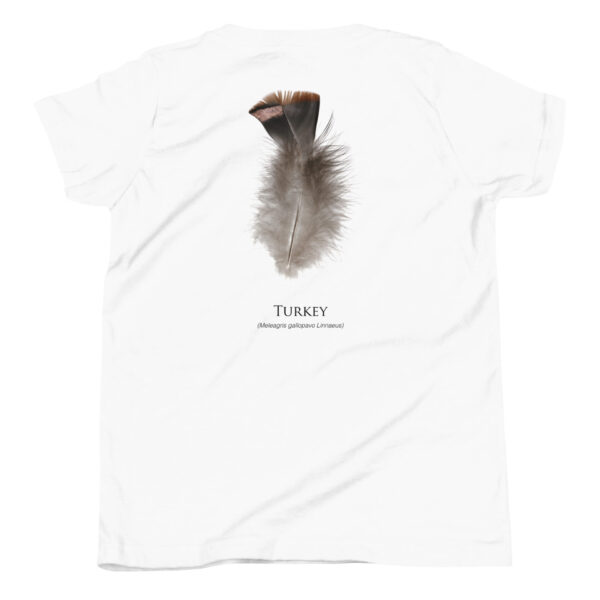 youth-staple-tee-white-back-69a6e84d8a46b.jpg White shirt with a turkey feather design.