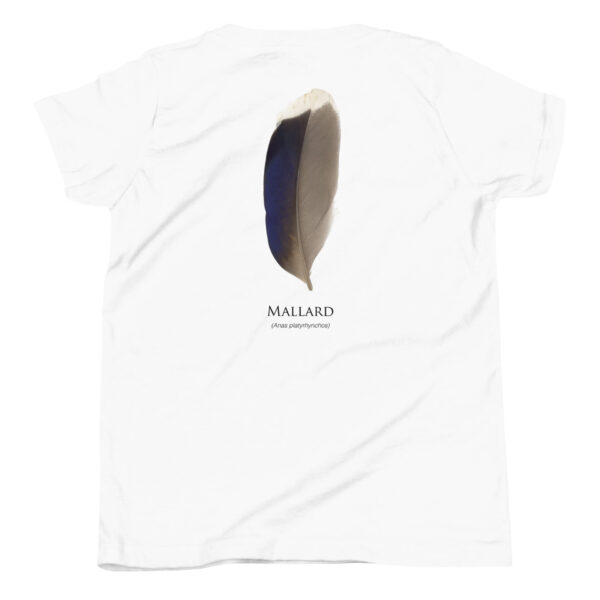 youth-staple-tee-white-back-69a6e90bceb90.jpg Mallard feather illustration on white T-shirt