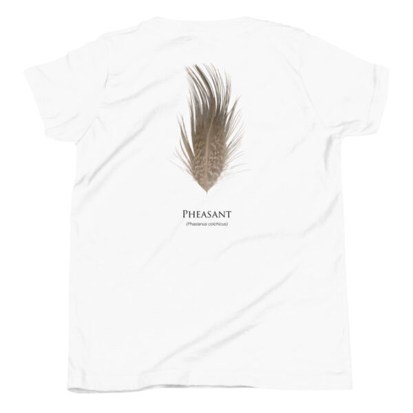 youth-staple-tee-white-back-69a6e9c3156ba.jpg Pheasant feather on white T-shirt back.