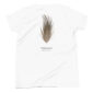 Pheasant feather on white T-shirt back.