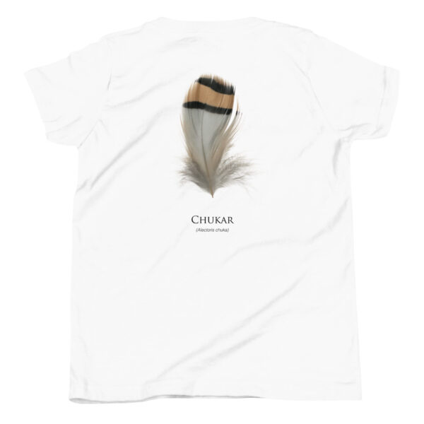 youth-staple-tee-white-back-69a6ebb198414.jpg White shirt with Chukar bird feather illustration.
