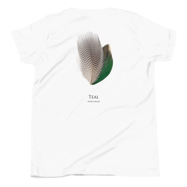 youth-staple-tee-white-back-69a6ed038f9f5.jpg White t-shirt with teal feather illustration