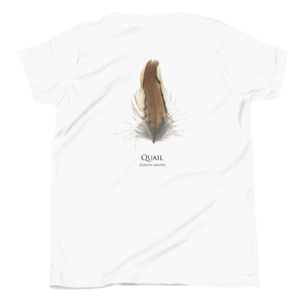 youth-staple-tee-white-back-69a6ed9fbc85c.jpg T-shirt with quail feather illustration.