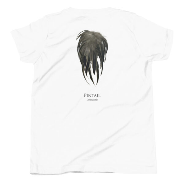 youth-staple-tee-white-back-69a6ee82037f7.jpg White t-shirt with pintail feather design.