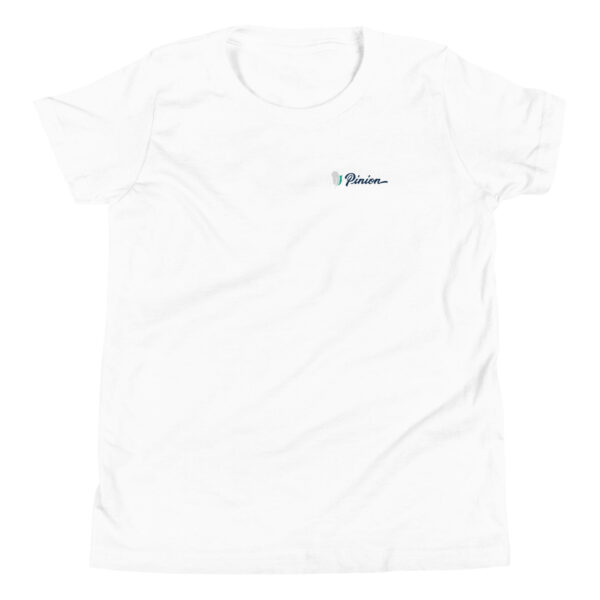 youth-staple-tee-white-front-69a6e52c16692.jpg White T-shirt with blue logo on chest