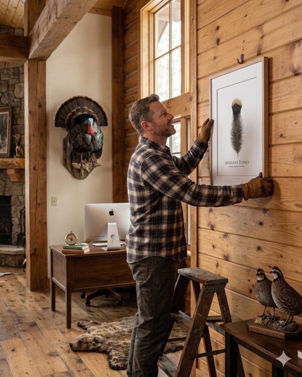 ManHangingMerriam Man hanging turkey feather print on cabin wall