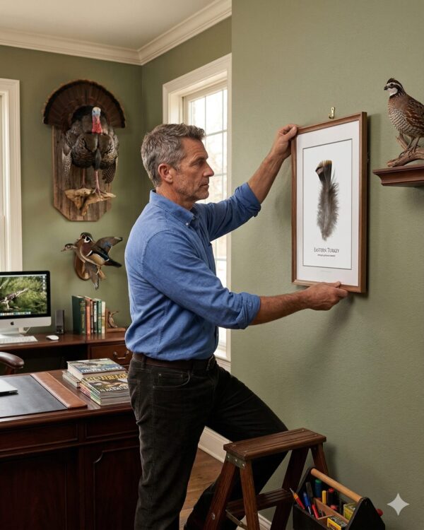 manHangingEastern Man hanging framed artwork in study
