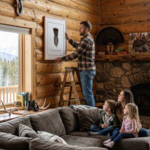 manHangingRio Family in a cozy log cabin living room