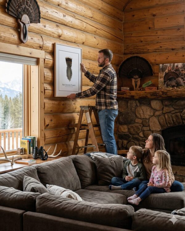 manHangingRio Family in a cozy log cabin living room