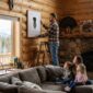 Family in a cozy log cabin living room